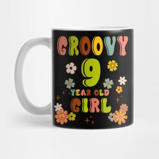 9th Birthday Retro Groovy Girl 9 Years Old Birthday Hippie Mug